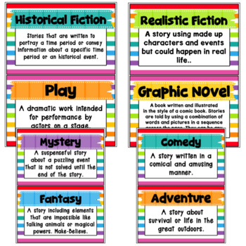 Reading Genre Posters | Literary Genres Anchor Charts | Rainbow by ...