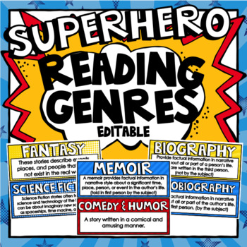 Preview of Reading Genre Posters | Literary Genres Anchor Charts | Superhero | Editable