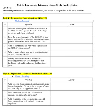 Preview of Reading Guide Unit 4 - AP World History Study Questions with Links to Reading