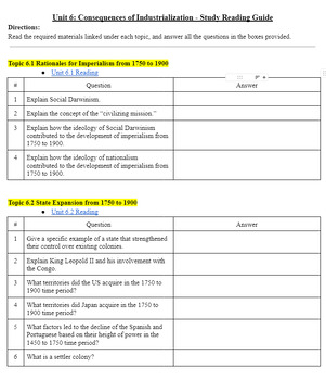Preview of Reading Guide Unit 6 - AP World History Study Questions with Links to Reading