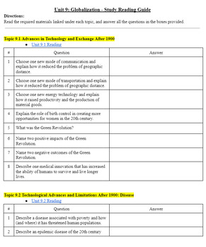 Preview of Reading Guide Unit 9 - AP World History Study Questions with Links to Reading