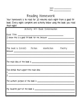 reading homework template