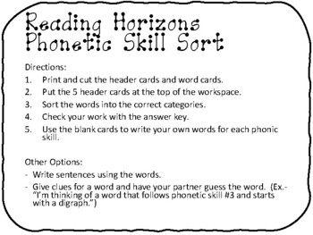 Reading Horizons Phonetic Skill Sorting Game by Christina Hammer