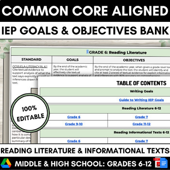 Preview of Reading IEP Goal Bank, Common Core Aligned, Middle and High School Grades 6-12