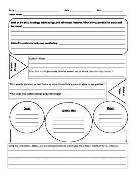 Preview of Reading Informational Text Graphic Organizer CCSS / PARCC / MCAS aligned