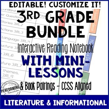 Preview of 3rd Grade Reading Interactive Notebook Bundle EDITABLE Lessons ALL YEAR CCSS