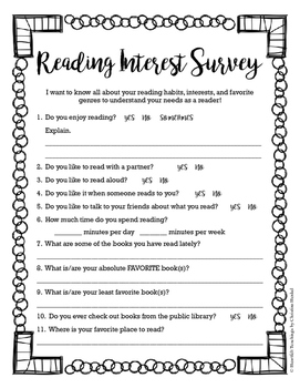 Reading Interest Survey by Heartfelt Teachings | TPT