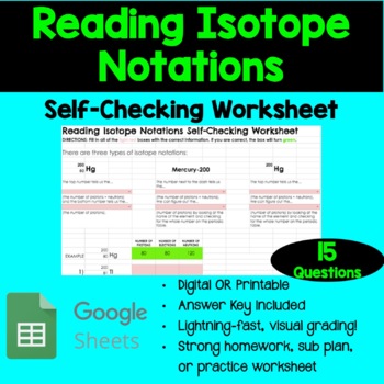 Preview of Reading Isotope Notations Self Checking Worksheet