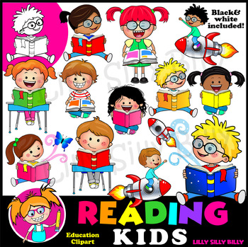Preview of Reading Kids. Clipart set Full Color & Black/ White. {Lilly Silly Billy}