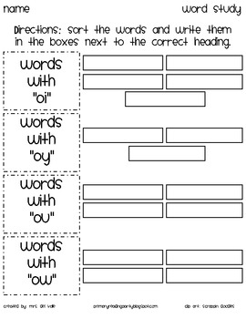 reading kids diphthongs oi oy ow ou word sort by primary reading party
