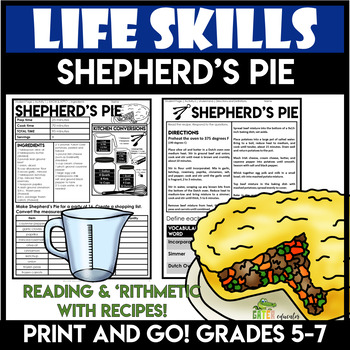 Preview of Shepherds Pie Reading Comprehension Life Skills Functional Math Cooking