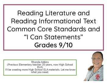 Preview of Reading Literature and Informational Text Standards and “I Can" Statements