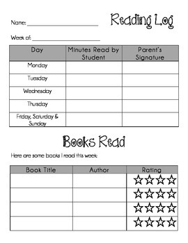 Preview of Reading Log - For Homework Folder or Binder