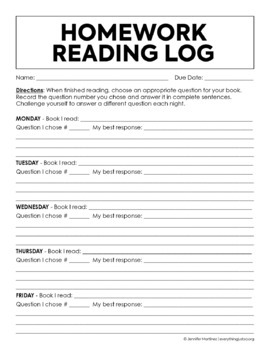 reading response homework log