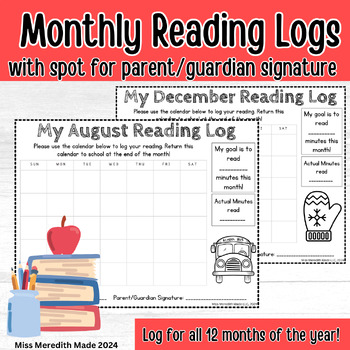Preview of Reading Log with Parent Signature | Monthly Reading Log Calendars