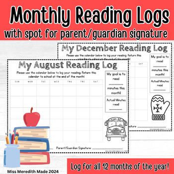 Reading Log with Parent Signature | Monthly Reading Log Calendars