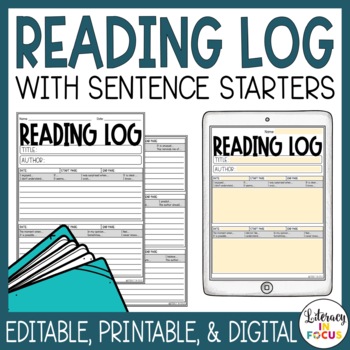 Preview of Reading Log with Summary | Editable | Weekly | Sentence Starters | Homework