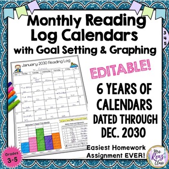 Preview of Reading Logs - Editable Monthly Reading Calendars with FREE UPDATES!