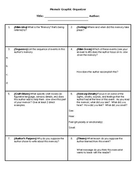 Preview of Reading Memoirs - Graphic Organizer