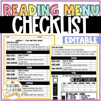 Preview of Reading Menu EDITABLE ELA Centers Checklist
