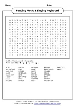 Reading Music & Playing Keyboard Word Search by Chrissy Holbrook