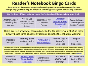 Preview of No Book Reports! Reading Notebook Bingo Card Challenges/Summary Writing