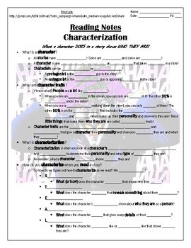 Preview of Reading Notes - Characterization/Character Traits