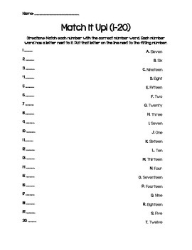 Reading Number Words Matching Practice Activity (1-20 and ...