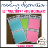 Reading Observation Sticky Note Bookmarks for Teachers EDITABLE