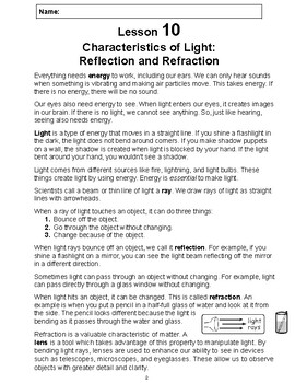 Preview of Reading Passage 10: Characteristics of Light Reflection and Refraction PDF