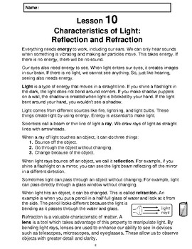 Preview of Reading Passage 10: Characteristics of Light Reflection and Refraction (Word)