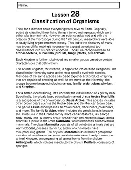 Preview of Reading Passage 28: Classification of Organisms (Word)