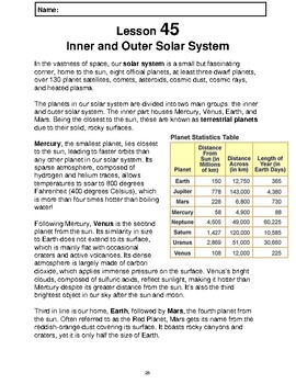 Preview of Reading Passage 45: Inner and Outer Solar System (Word)