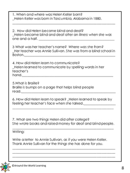 Reading Passage Helen Keller Grades 3 4 By Around The