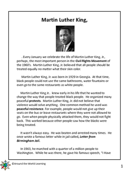 Reading Passage: Martin Luther King Jr. by Around the World Learning