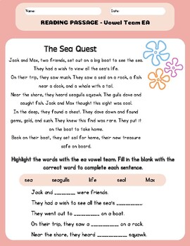 Preview of Vowel Team EE, EA, and EY Decodable Reading Passage with Comprehension Questions