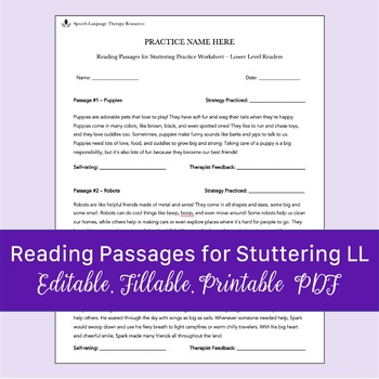 Preview of Reading Passages for Stuttering Practice Worksheet - Lower Level | Fillable PDF