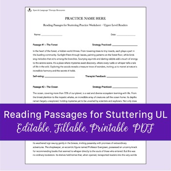 Preview of Reading Passages for Stuttering Practice Worksheet Upper Level | Fillable PDF