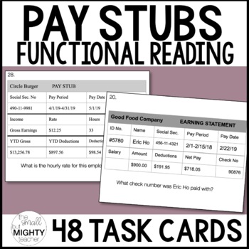 Preview of Functional Reading of Pay Stubs Task Cards