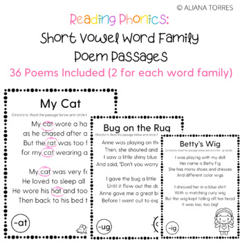 Preview of 36 Reading Phonics Poem Passages for Short Vowel Word Families Distance Learning