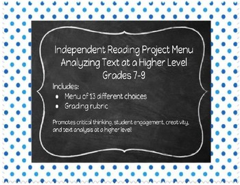 Preview of Reading Project Menu & Grading Rubric - Analyzing Text at a Higher Level