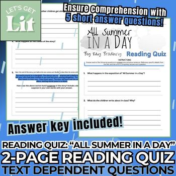 Preview of Short Answer Reading Quiz for "All Summer in a Day" by Ray Bradbury