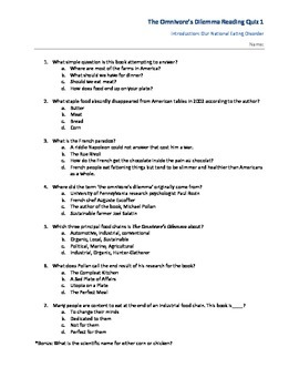 Preview of Reading Quiz and Answer Key for The Omnivore's Dilemma Chapter 1