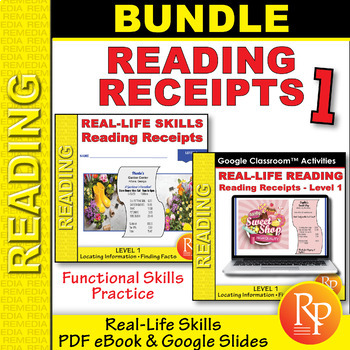 Preview of READING RECEIPTS Level 1  BUNDLE:  Life Skills - Google & Print - Comprehension