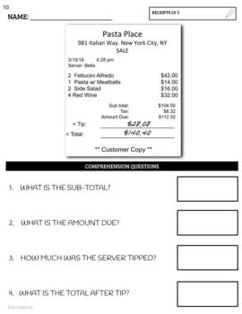 reading receipts worksheets distance learning tpt