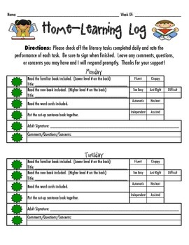Preview of Reading Recovery Home-Learning Log