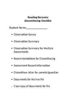 Preview of Reading Recovery discontinuing checklist