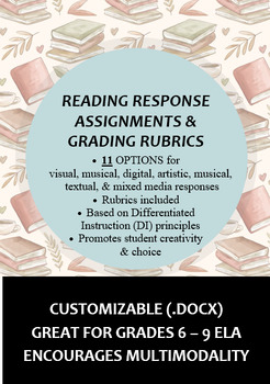Preview of Reading Response Assignments & Rubrics (Multimodal, Grades 6 - 9)