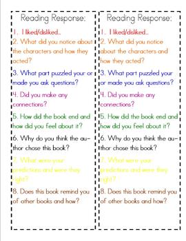 Preview of Reading Response Bookmark/Checklist