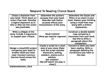 Preview of Reading Response Choice Board